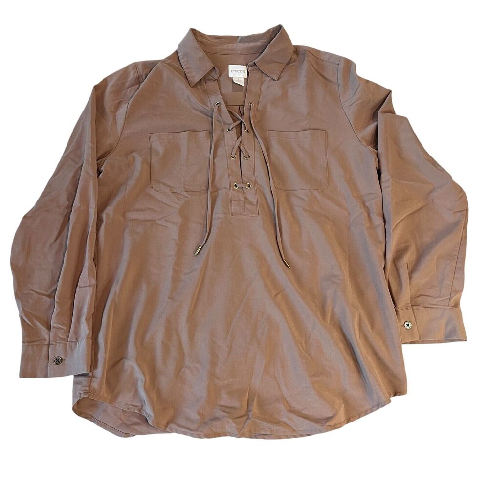 Chico's Lace Neck Pullover Top Blouse Camel Brown Long Sleeve Womens Sz. 1-Small